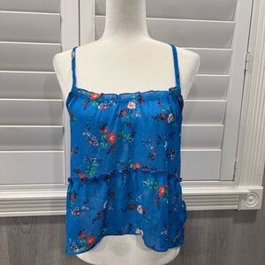 Hollister Floral Chiffon Cami Tank Top Blue Sheer Layered Hem Size S